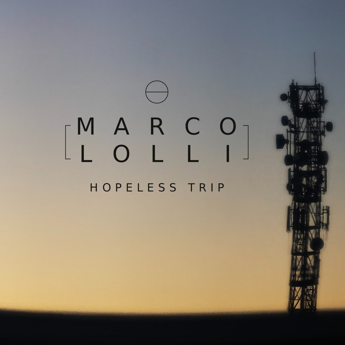 Hopeless Trip cover art by Marco Lolli: a transmission tower silhouetted against a sunset sky